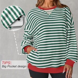 Casual Striped Pullover Long Sleeve Crewneck Oversized Sweatshirts w/ Pockets M